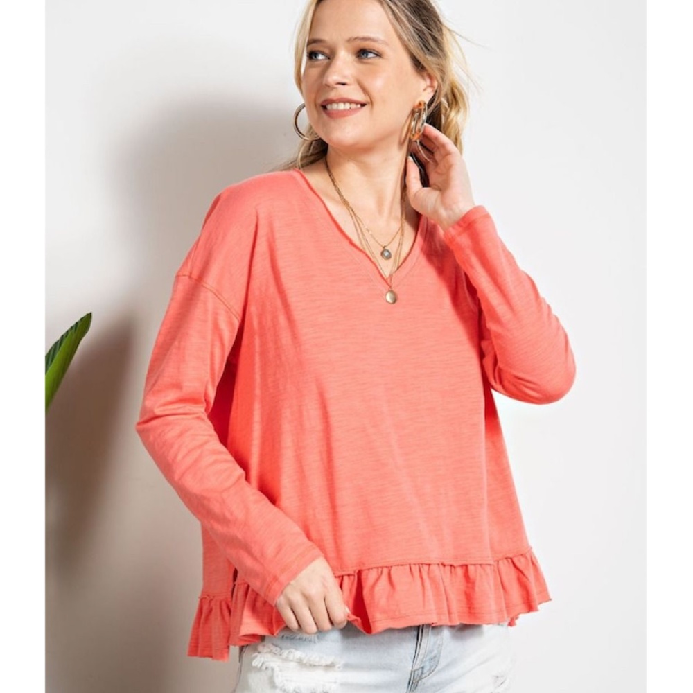 204. NWT easel Coral Ruffle Hem Cotton Knit Long Sleeved Shirt